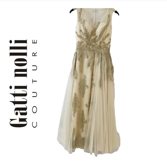Gatti Nolli Couture Dresses & Skirts - Gatti Nolli Couture Evening Gown Cream Netting Overlay Gold Embroidery